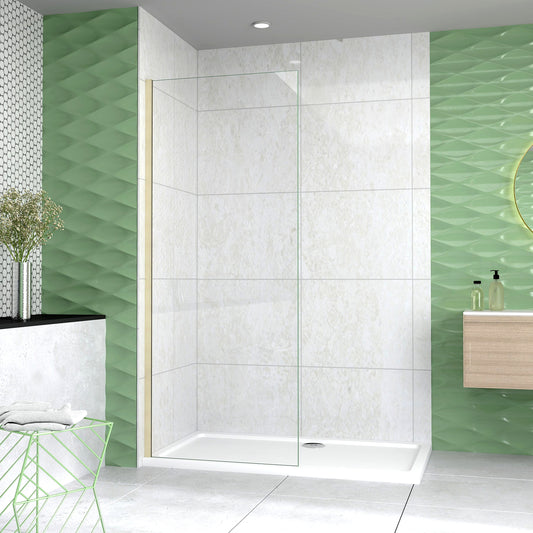 Box Doccia Walk In 40-50-60-70-80-85-90-100-110-120x200 cm Parete Fissa Vetro 8/10 mm Trasparente Anticalcare Oro Spazzolato