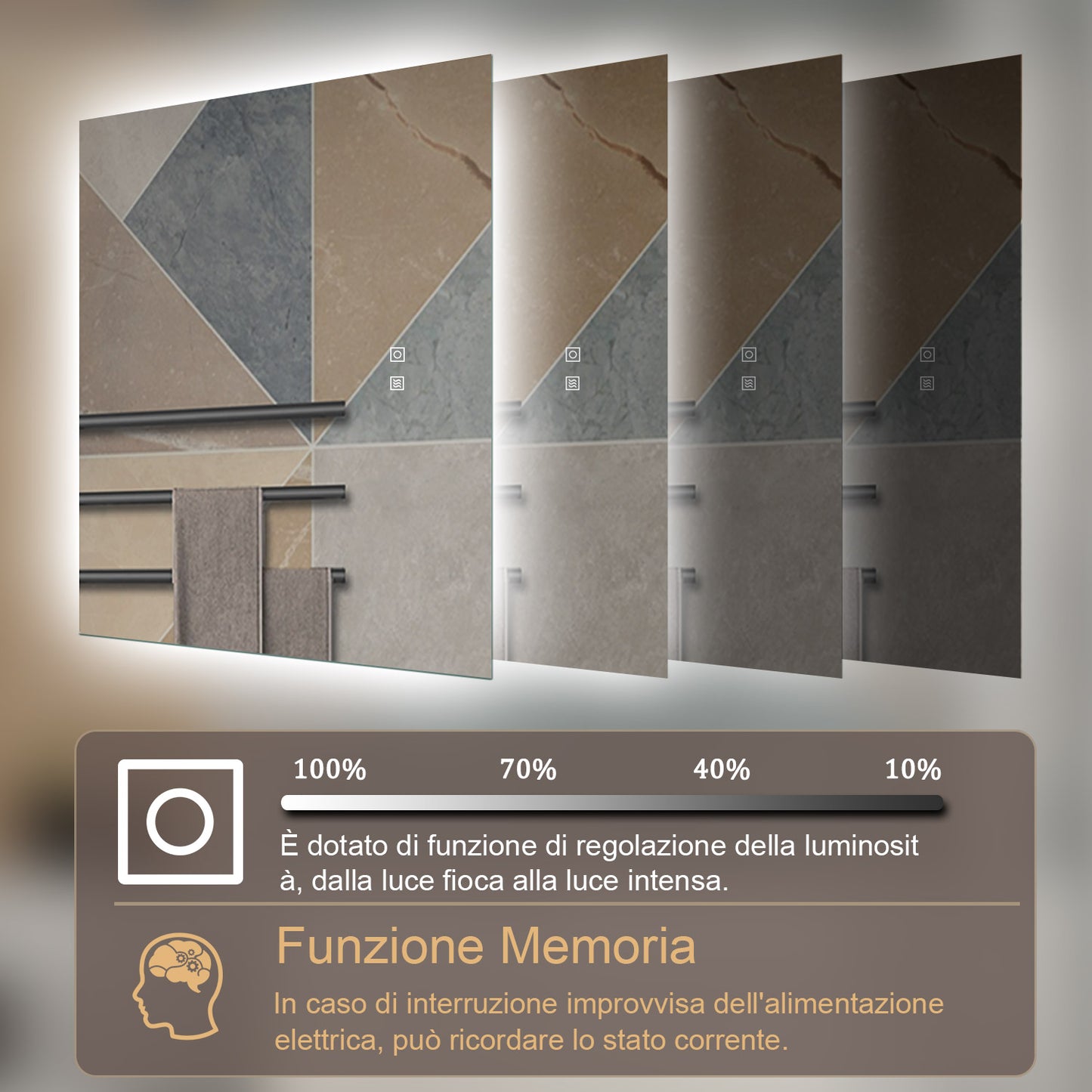 AICA 80-120x 60-70 Specchio da bagno con LED|Rettangolare|Touch|Memoria|Dimmerabile con 3 Colore Regolabile|Retroilluminato