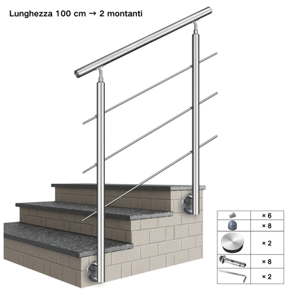Kit ringhiera in acciaio inox 304 con montaggio laterale, lunghezze 100–240 cm, 3 traverse, espandibile con giunzioni