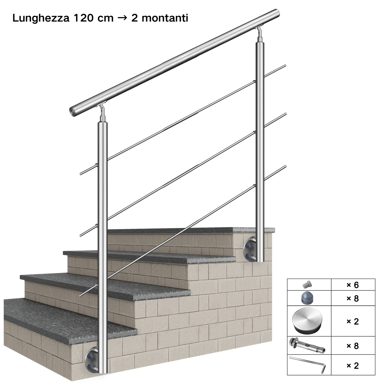Kit ringhiera in acciaio inox 304 con montaggio laterale, lunghezze 100–240 cm, 3 traverse, espandibile con giunzioni