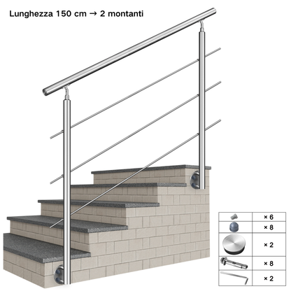 Kit ringhiera in acciaio inox 304 con montaggio laterale, lunghezze 100–240 cm, 3 traverse, espandibile con giunzioni