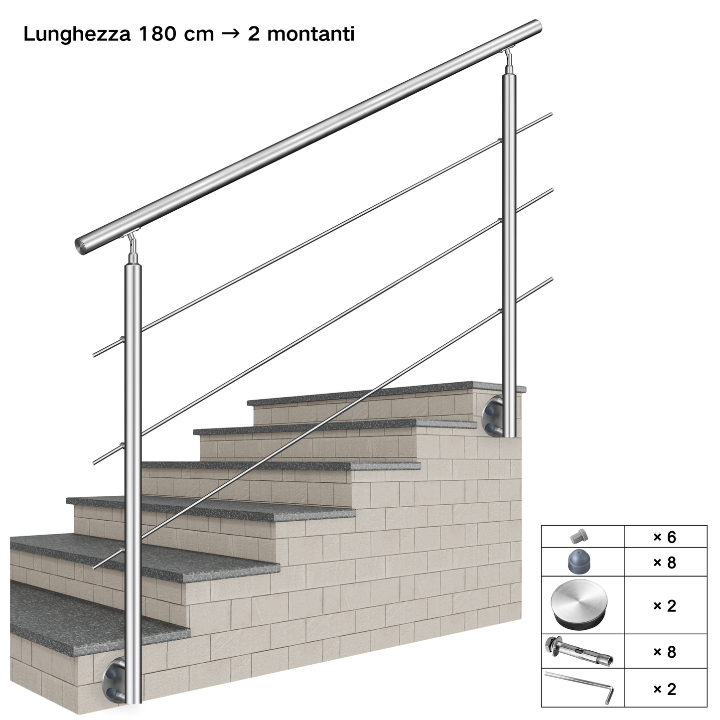 Kit ringhiera in acciaio inox 304 con montaggio laterale, lunghezze 100–240 cm, 3 traverse, espandibile con giunzioni