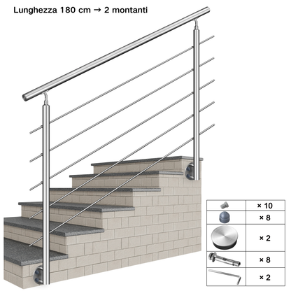 Kit ringhiera in acciaio inox 304 con montaggio laterale, lunghezze 100–240 cm, 5 traverse, espandibile con giunzioni