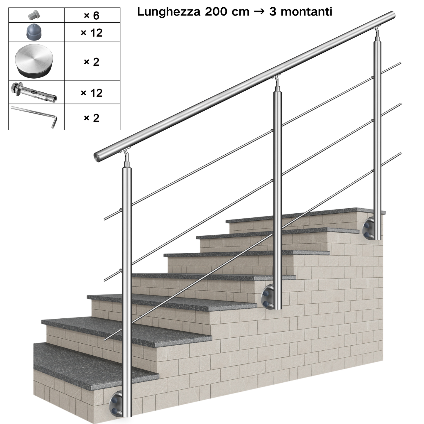 Kit ringhiera in acciaio inox 304 con montaggio laterale, lunghezze 100–240 cm, 3 traverse, espandibile con giunzioni