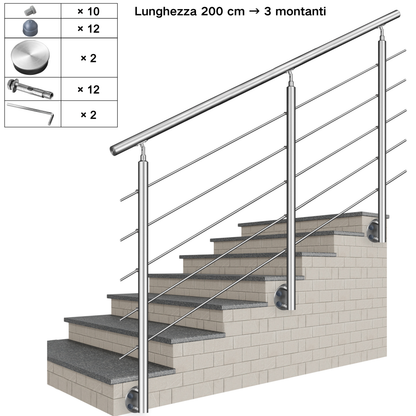 Kit ringhiera in acciaio inox 304 con montaggio laterale, lunghezze 100–240 cm, 5 traverse, espandibile con giunzioni