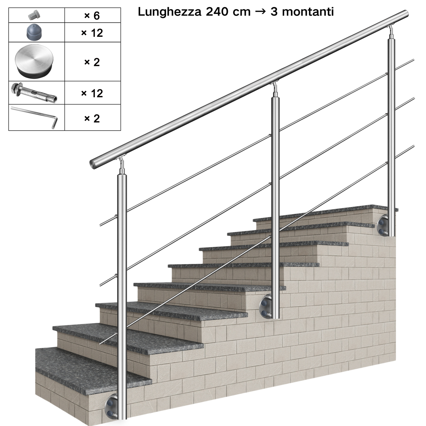 Kit ringhiera in acciaio inox 304 con montaggio laterale, lunghezze 100–240 cm, 3 traverse, espandibile con giunzioni
