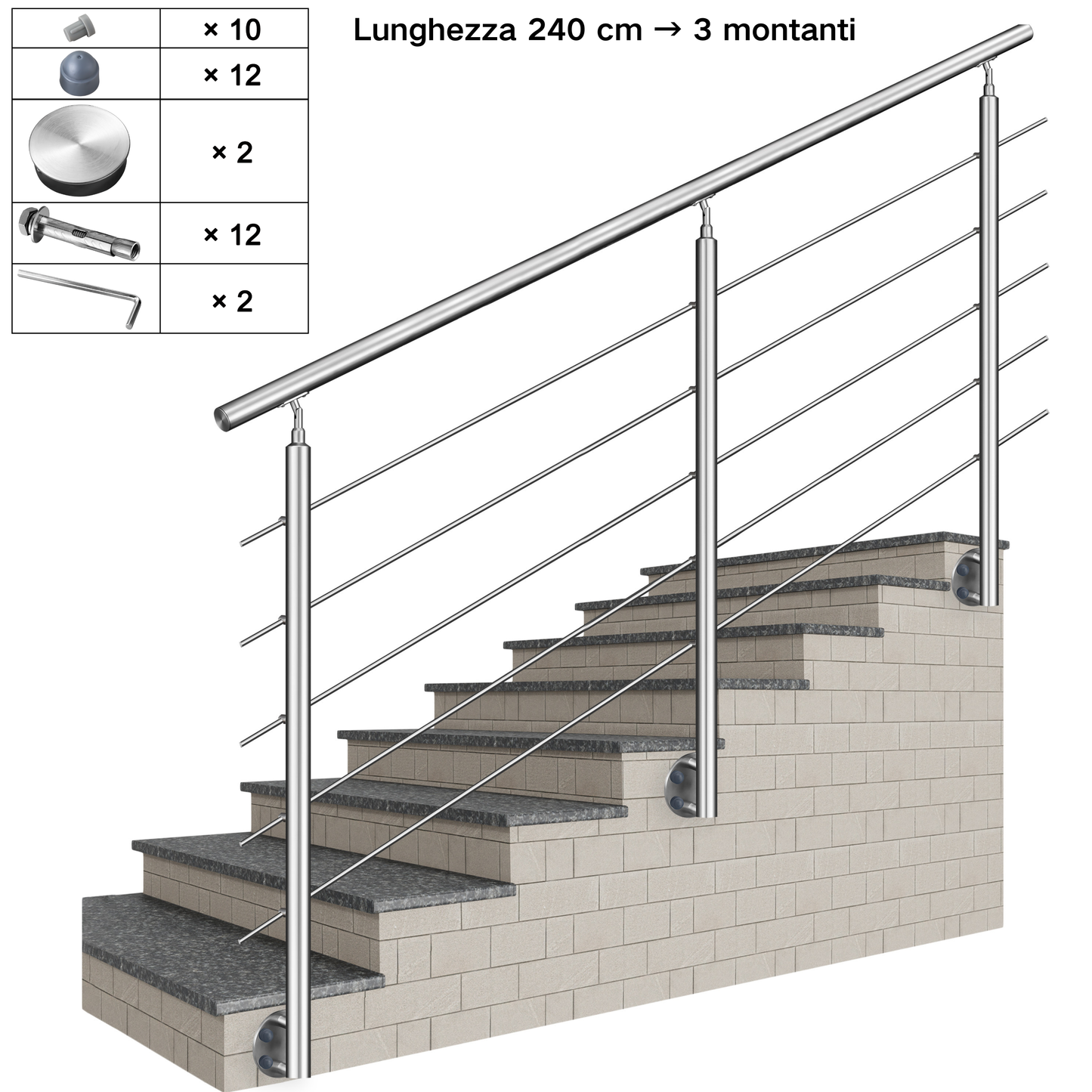 Kit ringhiera in acciaio inox 304 con montaggio laterale, lunghezze 100–240 cm, 5 traverse, espandibile con giunzioni