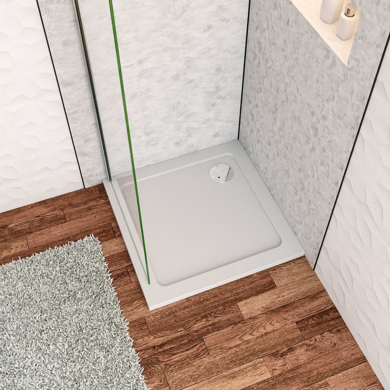 Piatto Doccia Bianco Spessore di 3 cm in Pietra Artificiale e Resina Minerale Mista Piletta Extra Piatta Sottile e Tubo inclusi