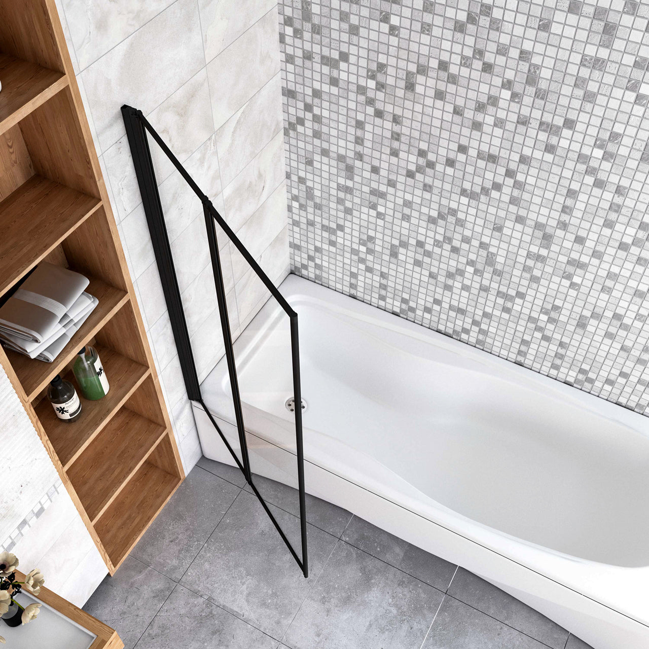 Sopravasca 90x140 cm Parete Doccia per Vasca 2 Antine Pieghevoli a Libro Vetro Temperato Trasparente Da 4 mm Profilo Nero Opaco