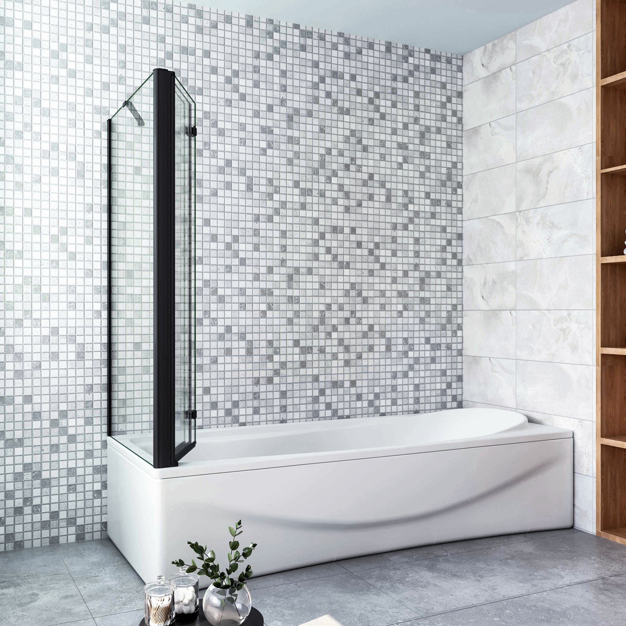 Parete Doccia Per Vasca con Lato Fisso 130x65 cm H.140 cm 3 Ante Movibili Pieghevoli a Libro in Vetro Temperato 6 mm Trasparente Anticalcare Telaio Nero Opaco