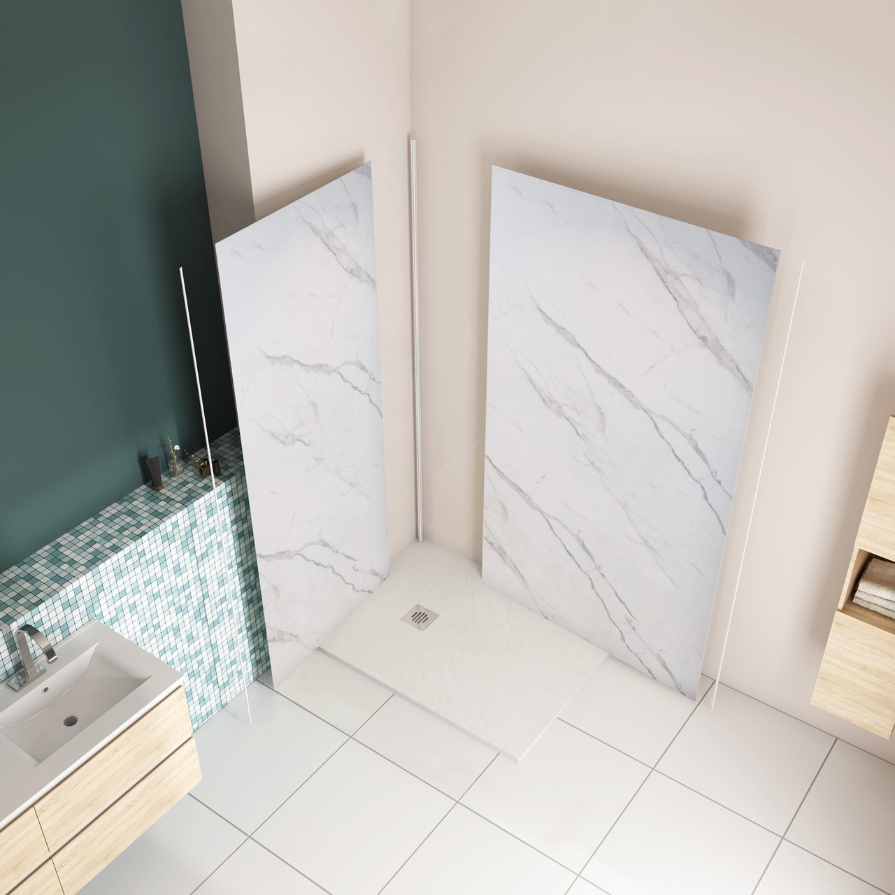H.210 cm Pannello Doccia ad Angolo Realizzato in Alluminio da 3 mm con Profili Finitura Bianco Alba per Rivestimento Parete Bagno