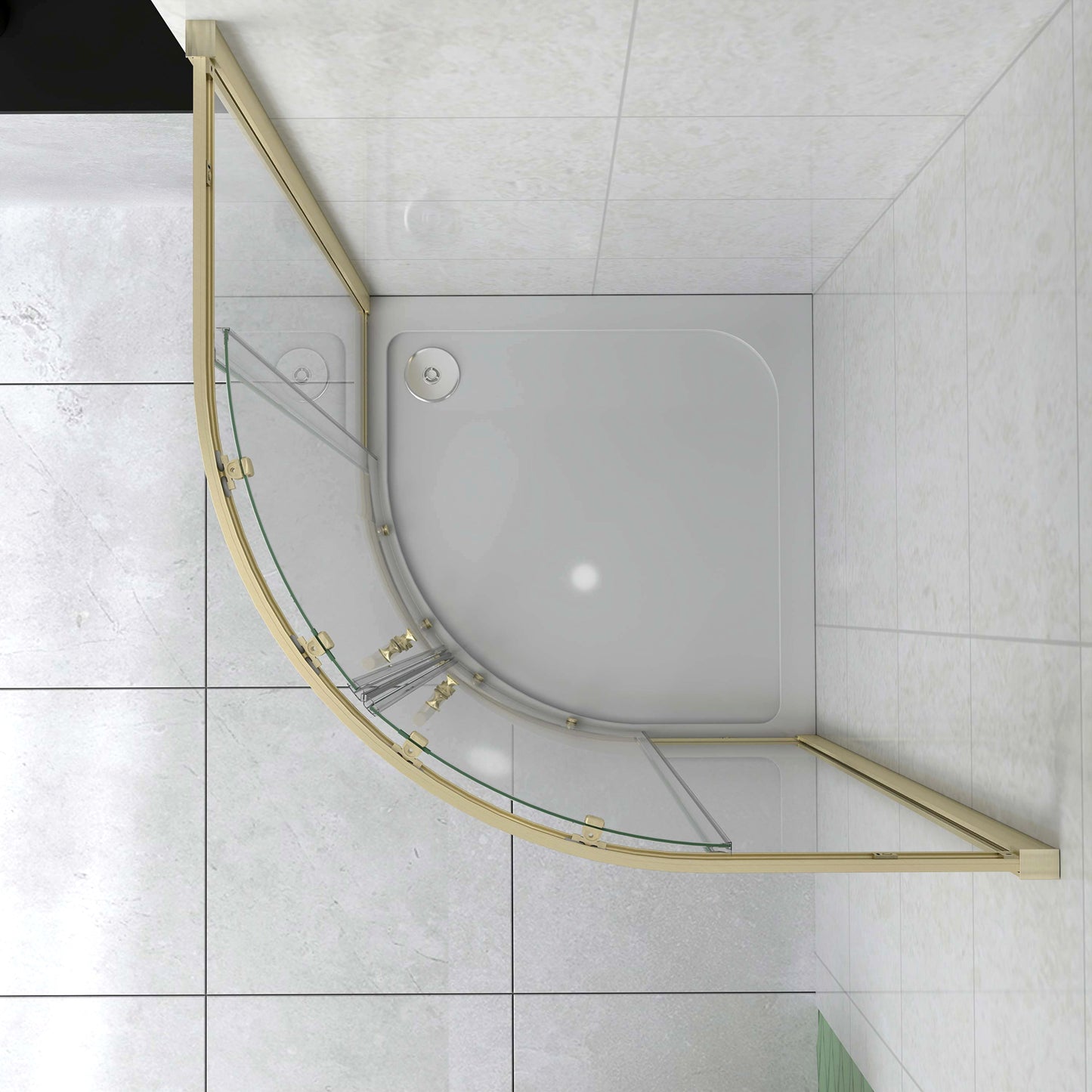 Box Doccia Semicircolare 80-90X80-90 cm H.190 Oro Spazzolato Porta Scorrevole Vetro 6 mm Trasparente Anticalcare, Piatto Doccia Bianco