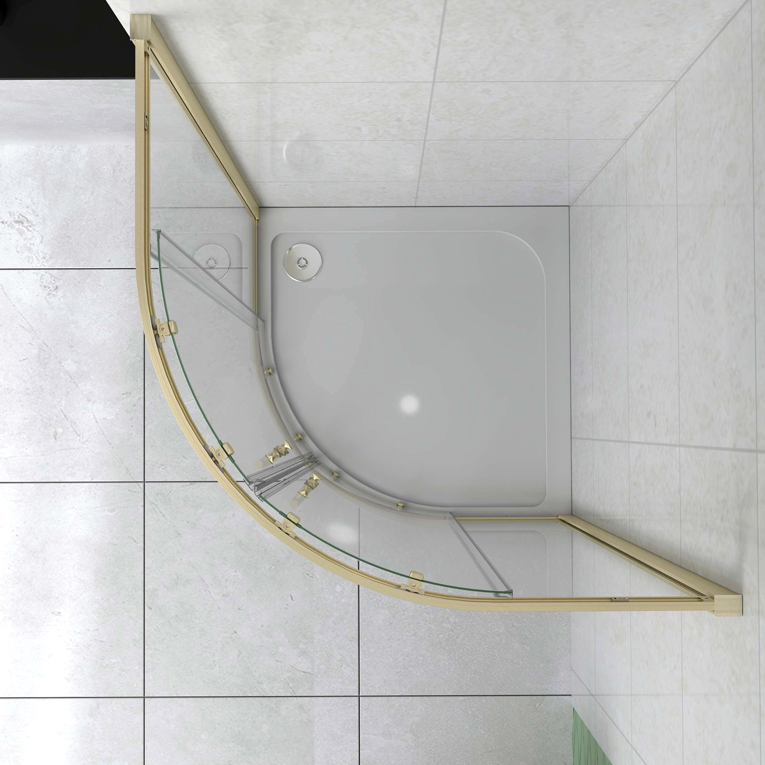 Box Doccia Semicircolare 80-90X80-90 cm H.190 Oro Spazzolato Porta Scorrevole Vetro 6 mm Trasparente Anticalcare, Piatto Doccia Bianco