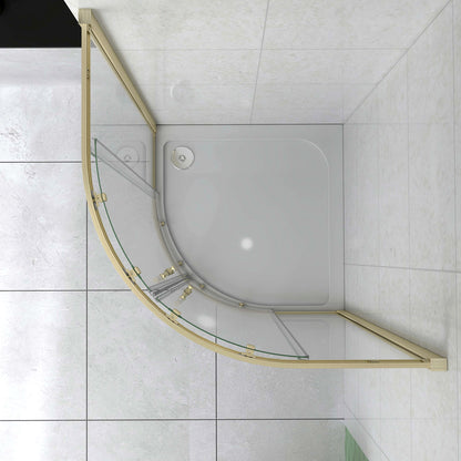 Box Doccia Semicircolare 80-90X80-90 cm H.190 Oro Spazzolato Porta Scorrevole Vetro 6 mm Trasparente Anticalcare, Piatto Doccia Bianco
