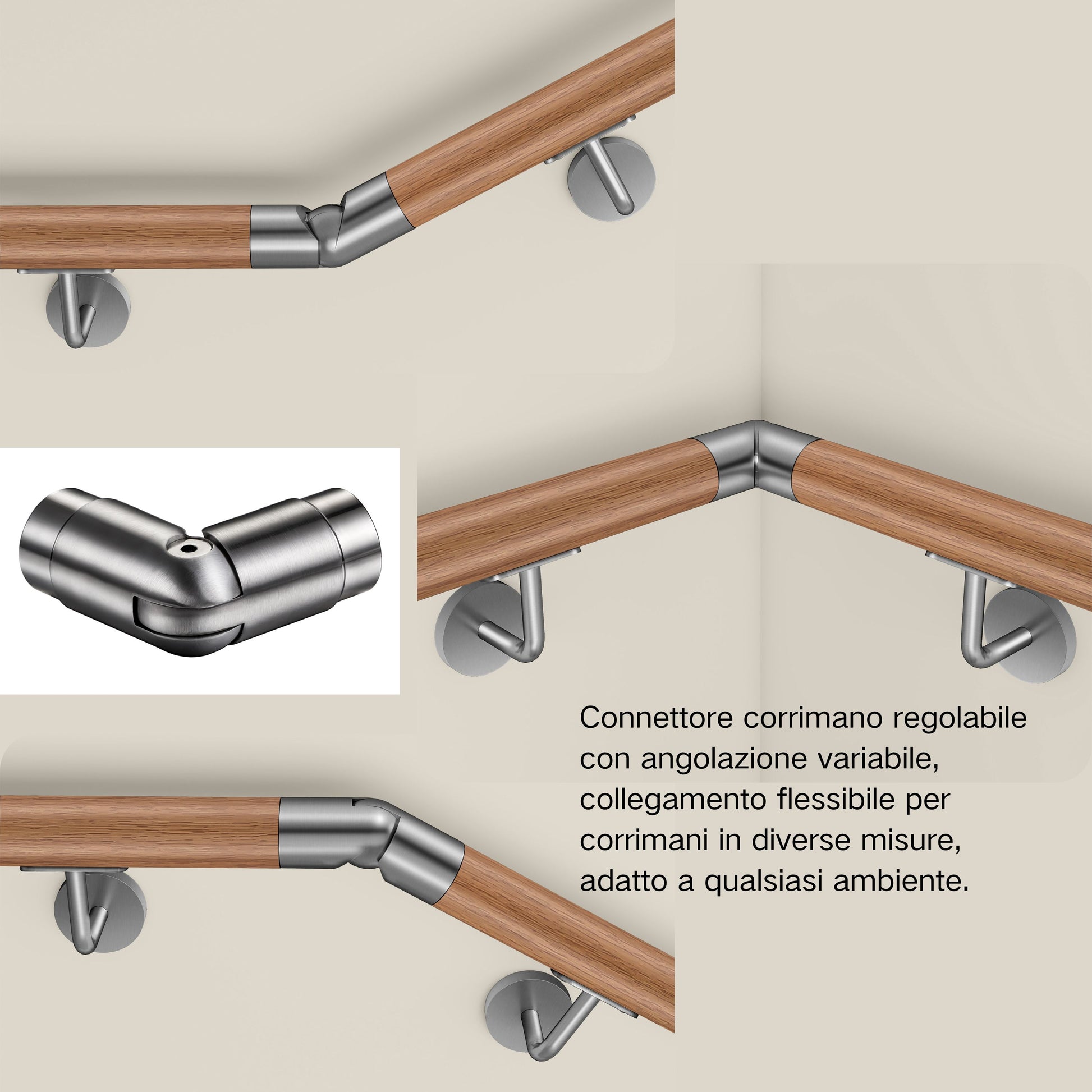Connettore regolabile /Connettore dritto in acciaio inox 304 per corrimano Ø42.2/42.4mm parete#Argento spazzolato