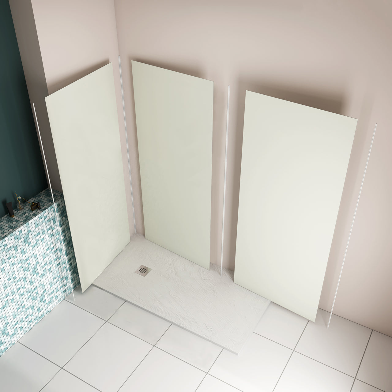 Pannello doccia angolare H.210 cm, disponibile in più misure, realizzato in alluminio da 3 mm con finitura bianco avorio, adatto per l'arredo delle pareti del bagno - Consegna gratuita