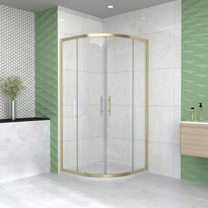 Box Doccia Semicircolare 80-90X80-90 cm H.190 Oro Spazzolato Porta Scorrevole Vetro 6 mm Trasparente Anticalcare, Piatto Doccia Bianco