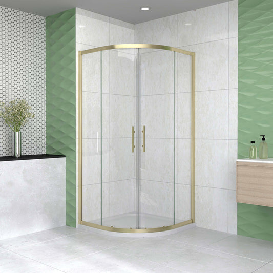 Box Doccia Semicircolare 80-90X80-90 cm H.190 Oro Spazzolato Porta Scorrevole Vetro 6 mm Trasparente Anticalcare, Piatto Doccia Bianco