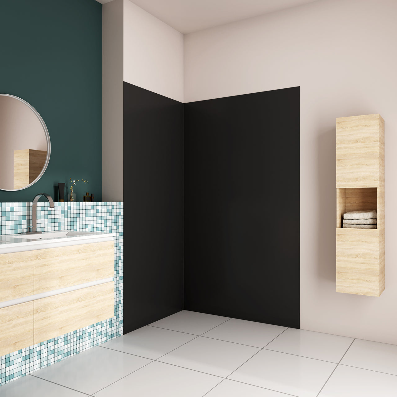 H.210 cm Pannello Doccia ad Angolo Realizzato in Alluminio da 3 mm con Profili Finitura Nero Opaco per Rivestimento Parete Bagno