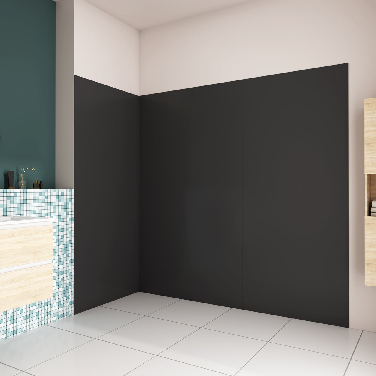 Pannello doccia angolare H.210 cm, disponibile in più misure, realizzato in alluminio da 3 mm con finitura nero opaco, adatto per l'arredo delle pareti del bagno.