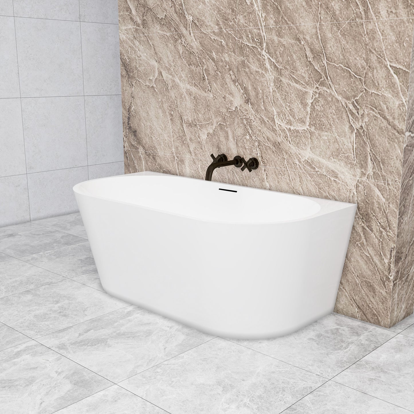 Vasca da bagno semi-freestanding ovale in acrilico bianco, dimensione 150x75x58 cm /170x80x60 cm , posizionabile a isola o a parete.