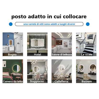 Aica Specchio da bagno rotondo da parete con LED , Anti-appannamento, Luce Bianca Fredda 6000K, Tocco Intelligente, Retroilluminato