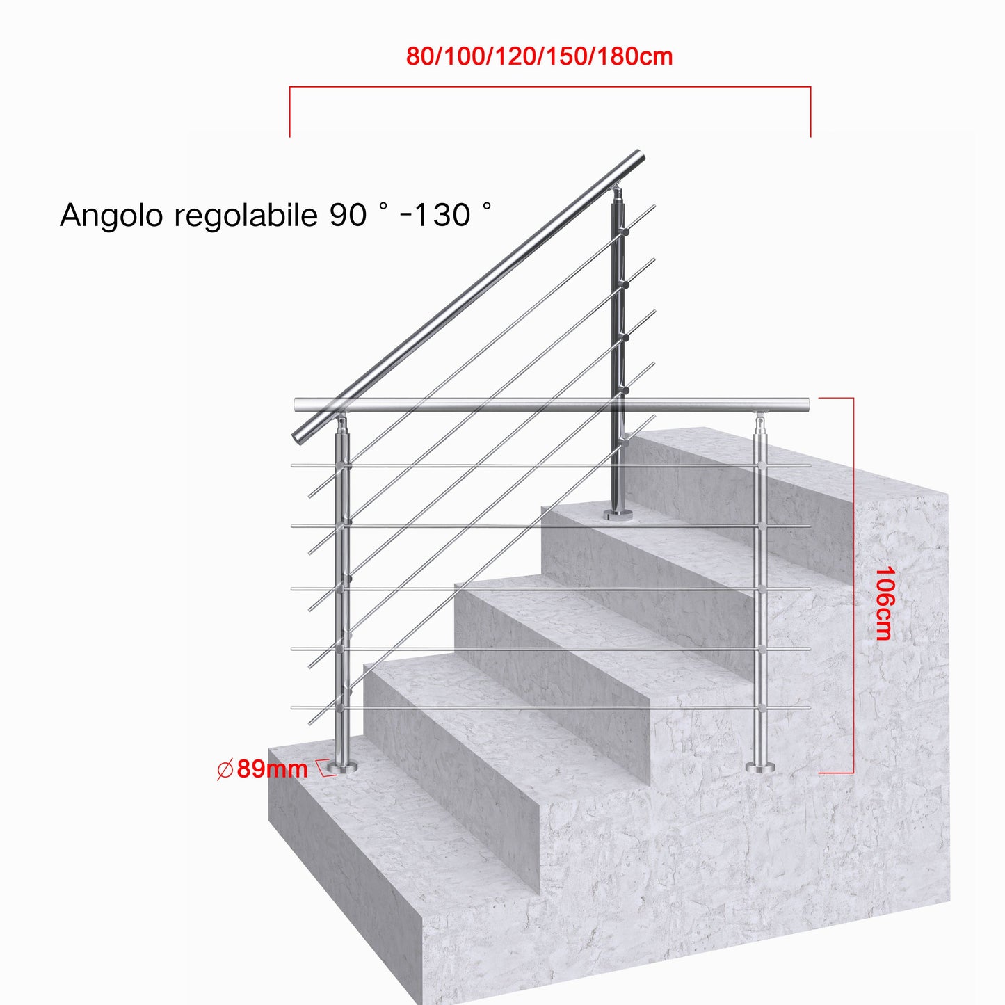 Ringhiera universale in acciaio inox 80-100-120-150-180-200-220-240 cm con 5 barre trasversali