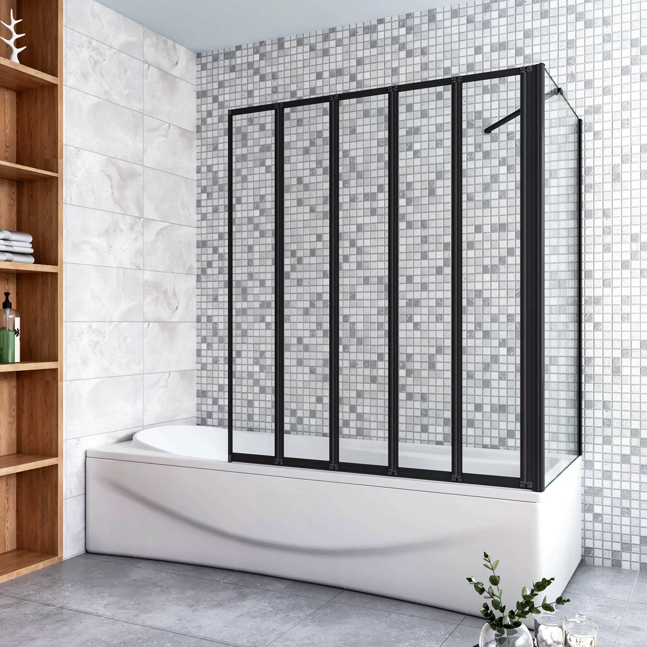 Parete Doccia Sopravasca Angolare 2/4/5 Ante Pieghevoli Vetro 4 mm con Parete Laterale 65/70/75cm Vetro Temperato 6 mm Trasparente Telai Neri Opachi