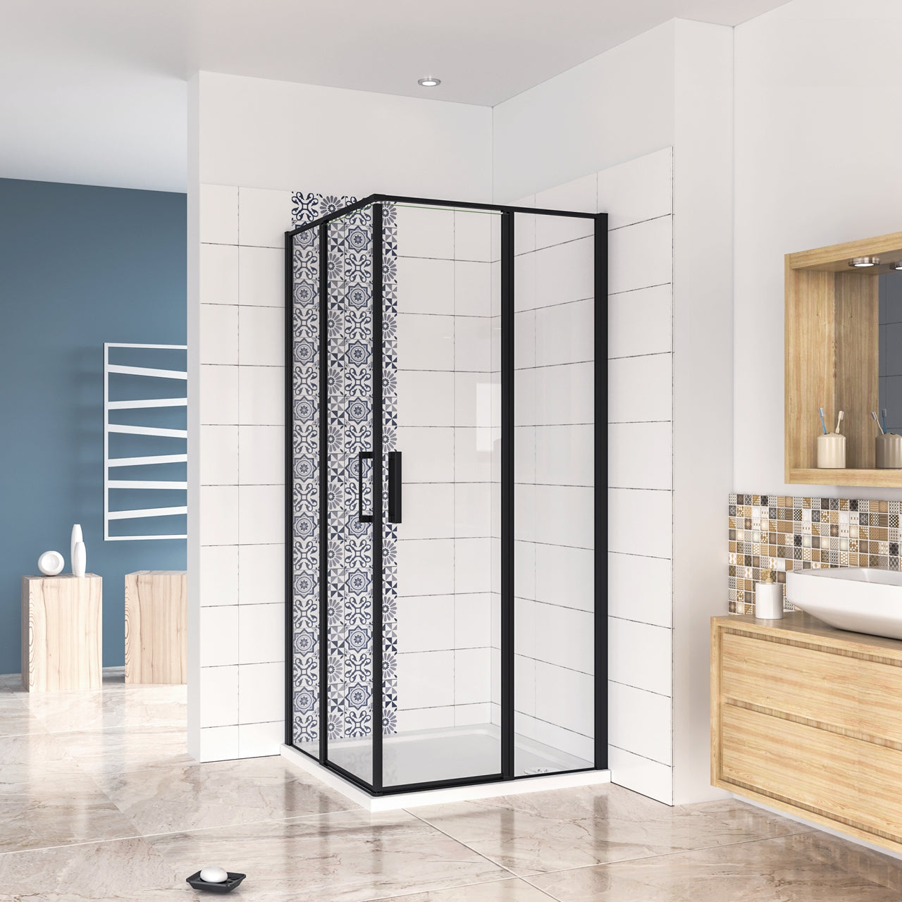 Box Doccia Angolare 80/90/100/120x80/90/100/120 cm H.185 cm Doppia Porta Battente in Vetro Temperato Trasparente Anticalcare 6 mm Profilo Nero Opaco - Consegna gratuita