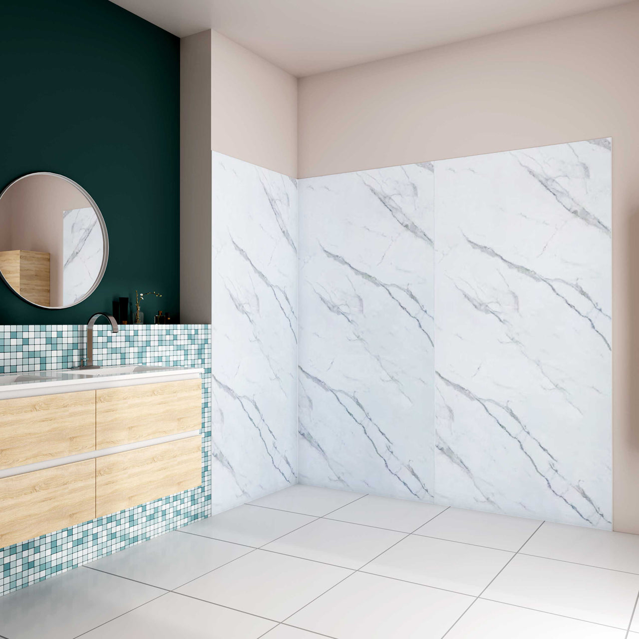 Pannello doccia angolare H.210 cm, realizzato in alluminio da 3 mm con finitura bianco Alba, adatto al rivestimento delle pareti del bagno.