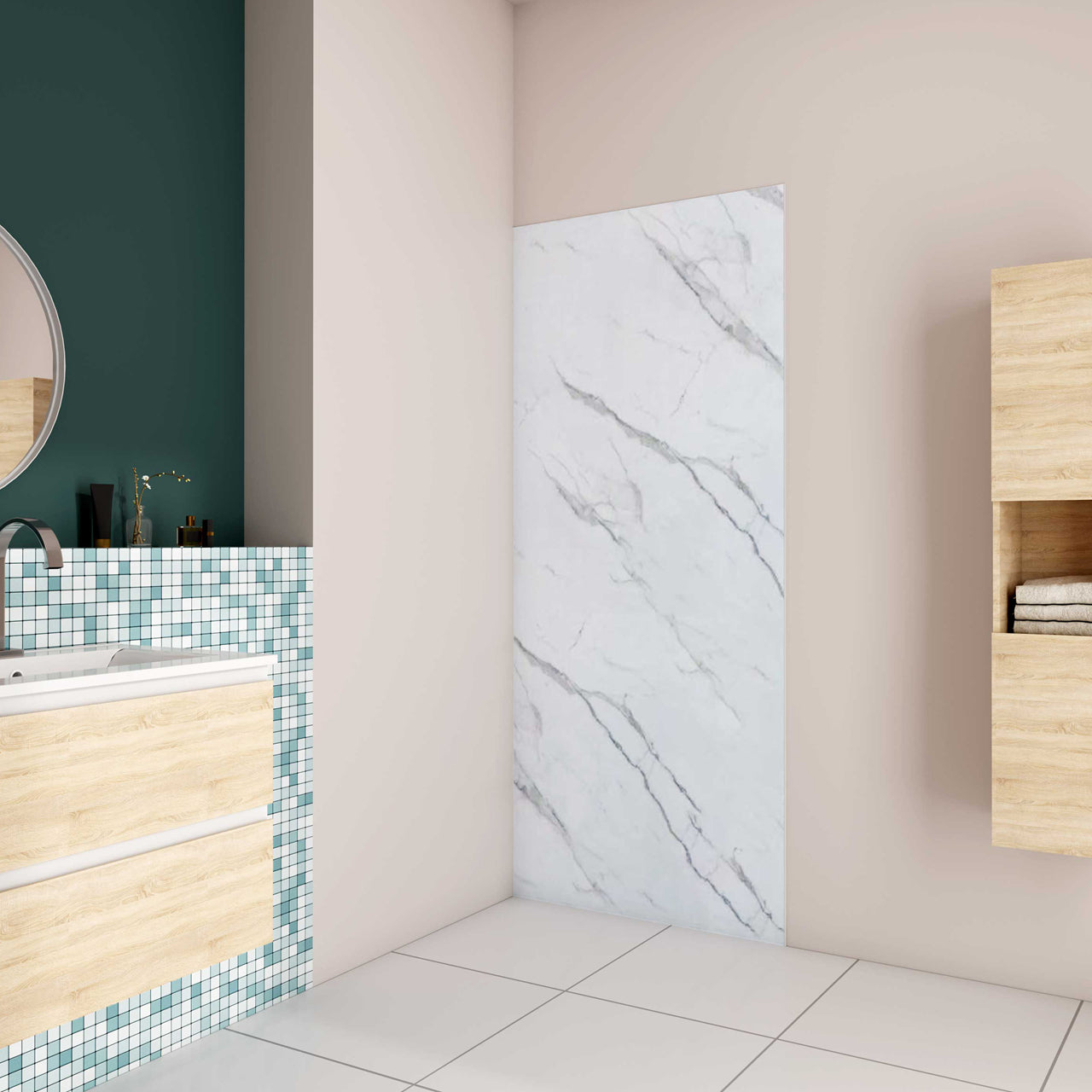Pannello Doccia Realizzato in Alluminio Spessore 3mm con Profili Finitura Bianco Alba per Rivestimento Parete Bagno