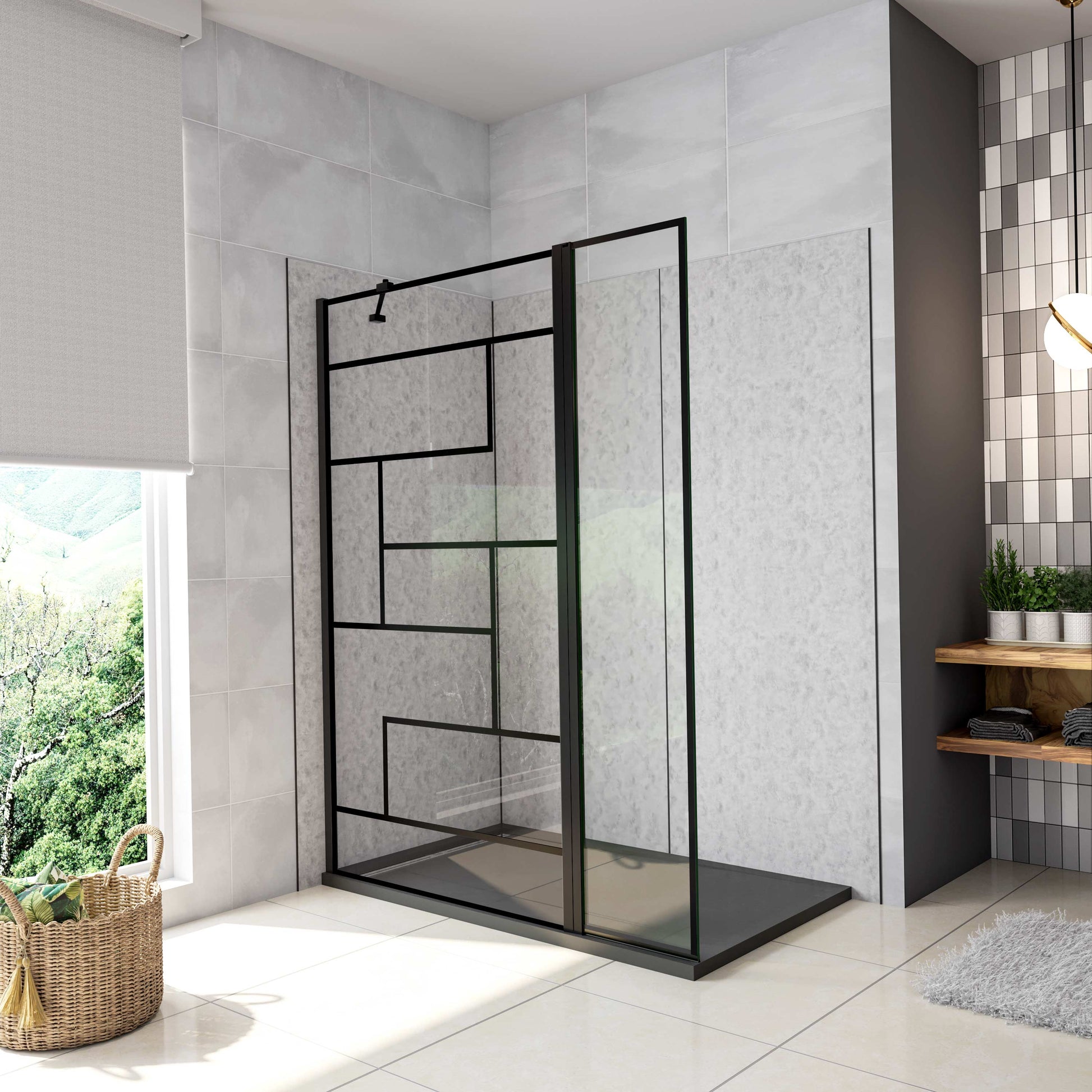 Box Doccia Walk in 70-80-90-100-110-120x200cm Parete Fissa 40cm Paretina 30cm Vetro 8 mm Temperato Anticalcare Serigrafato Nero Riquadri Barra Stabilizzatrice 45 cm