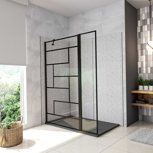 Box Doccia Walk in 70-80-90-100-110-120x200cm Parete Fissa 40cm Paretina 30cm Vetro 8 mm Temperato Anticalcare Serigrafato Nero Riquadri Barra Stabilizzatrice 45 cm