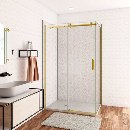 Box Doccia Angolare H.195 cm Porta Scorrevole con Parete Fissa Vetro 8 mm Temperato Anticalcare Trasparente Telaio Cromo Dorato
