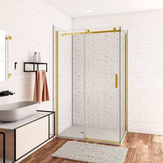 Box Doccia Angolare H.195 cm Porta Scorrevole con Parete Fissa Vetro 8 mm Temperato Anticalcare Trasparente Telaio Cromo Dorato