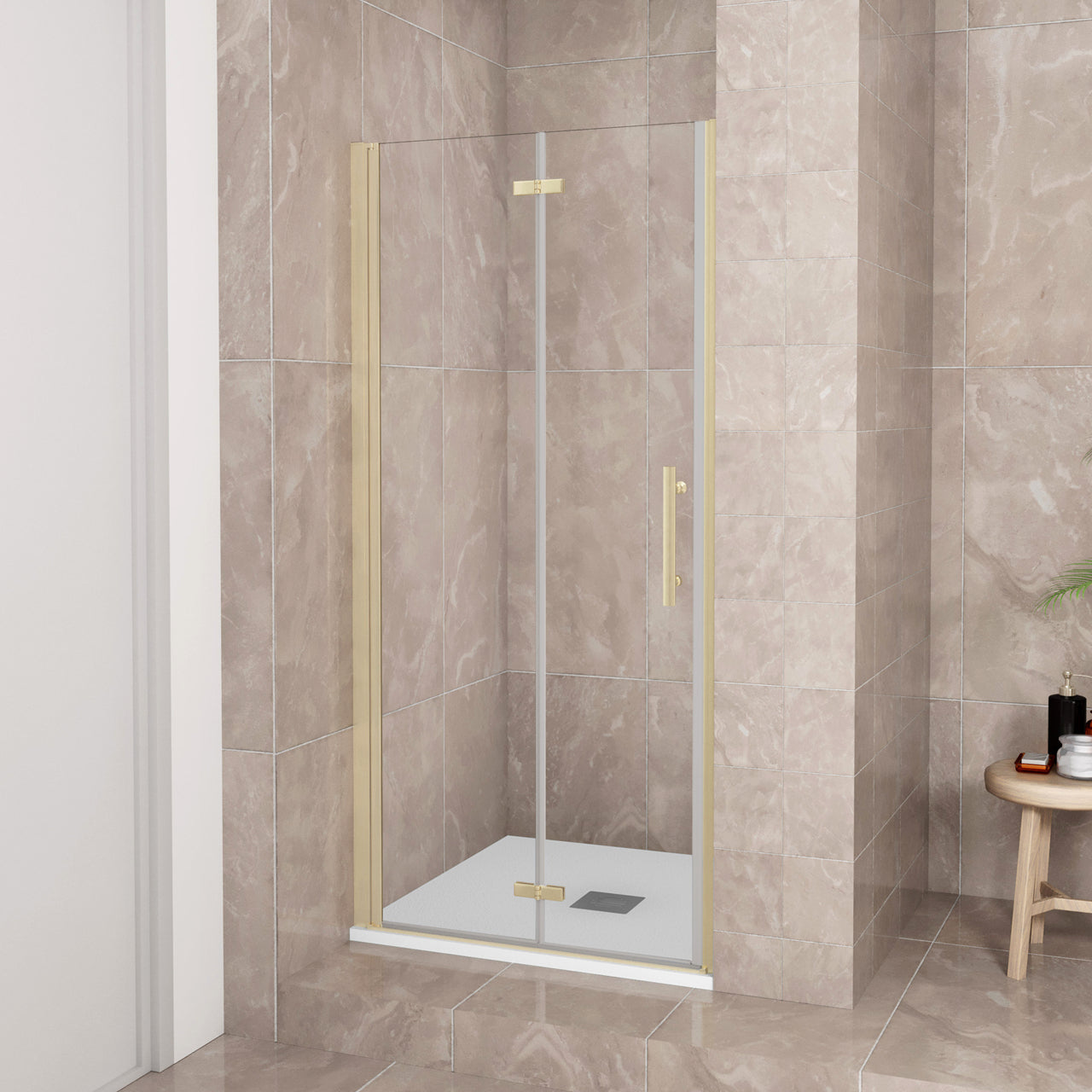 Porta Doccia H:185 cm Porta Battente Pieghevole in Vetro Temperato Trasparente 6 mm Anticalcare Telaio Dorato Spazzolato