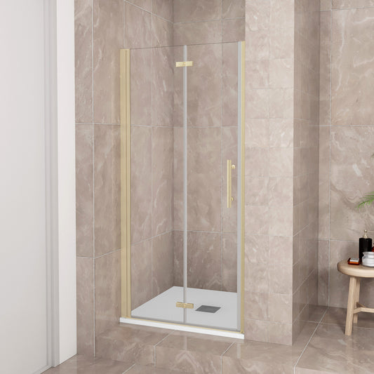 Porta Doccia H:185 cm Porta Battente Pieghevole in Vetro Temperato Trasparente 6 mm Anticalcare Telaio Dorato Spazzolato