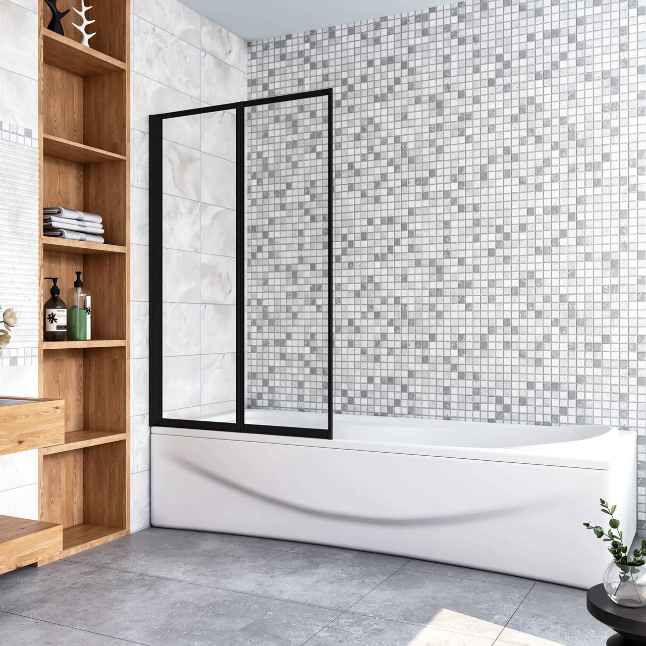 Sopravasca 90x140 cm Parete Doccia per Vasca 2 Antine Pieghevoli a Libro Vetro Temperato Trasparente Da 4 mm Profilo Nero Opaco