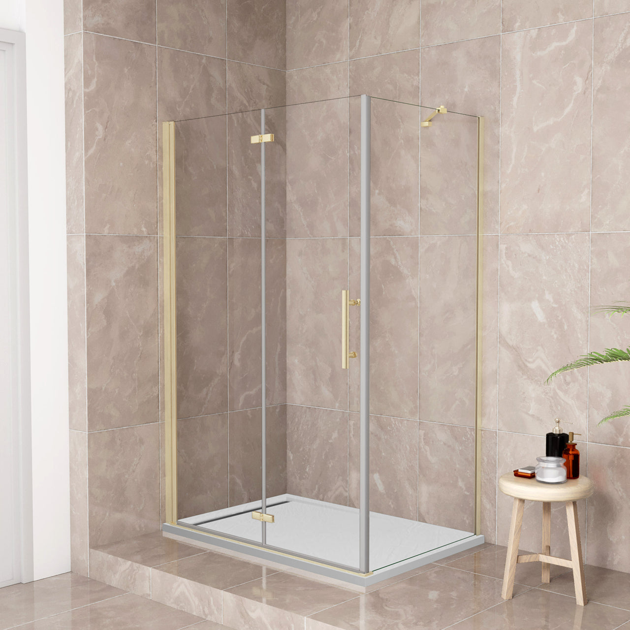 185 cm Box Doccia Angolare Porta Battente Pieghevole Parete Fissa Vetro Temperato 6 mm Anticalcare Barra Stabilizzatrice da 45 cm Dorato Spazzolato