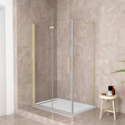 185 cm Box Doccia Angolare Porta Battente Pieghevole Parete Fissa Vetro Temperato 6 mm Anticalcare Barra Stabilizzatrice da 45 cm Dorato Spazzolato