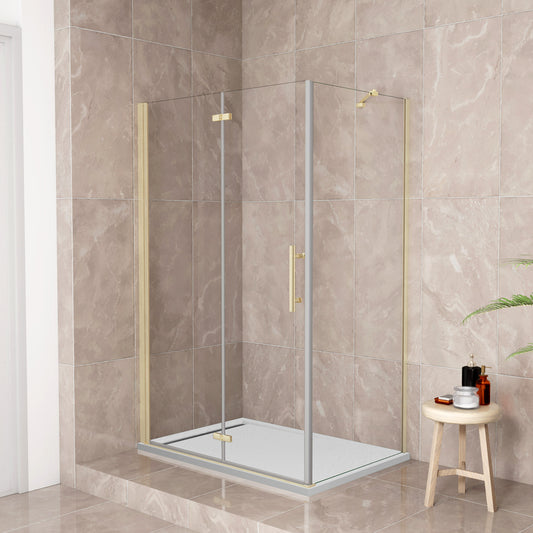 185 cm Box Doccia Angolare Porta Battente Pieghevole Parete Fissa Vetro Temperato 6 mm Anticalcare Barra Stabilizzatrice da 45 cm Dorato Spazzolato