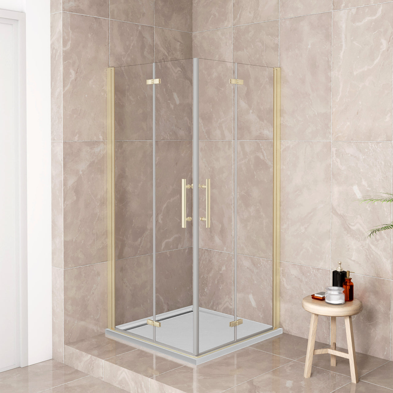 185cm Box Doccia Angolare Doppia Porta Battente Pieghevole Vetro Temperato Trasparente 6 mm Anticalcare Telaio Dorato Spazzolato