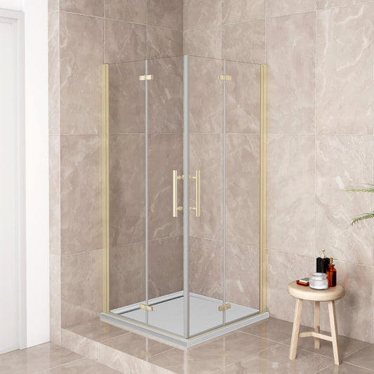 185cm Box Doccia Angolare Doppia Porta Battente Pieghevole Vetro Temperato Trasparente 6 mm Anticalcare Telaio Dorato Spazzolato