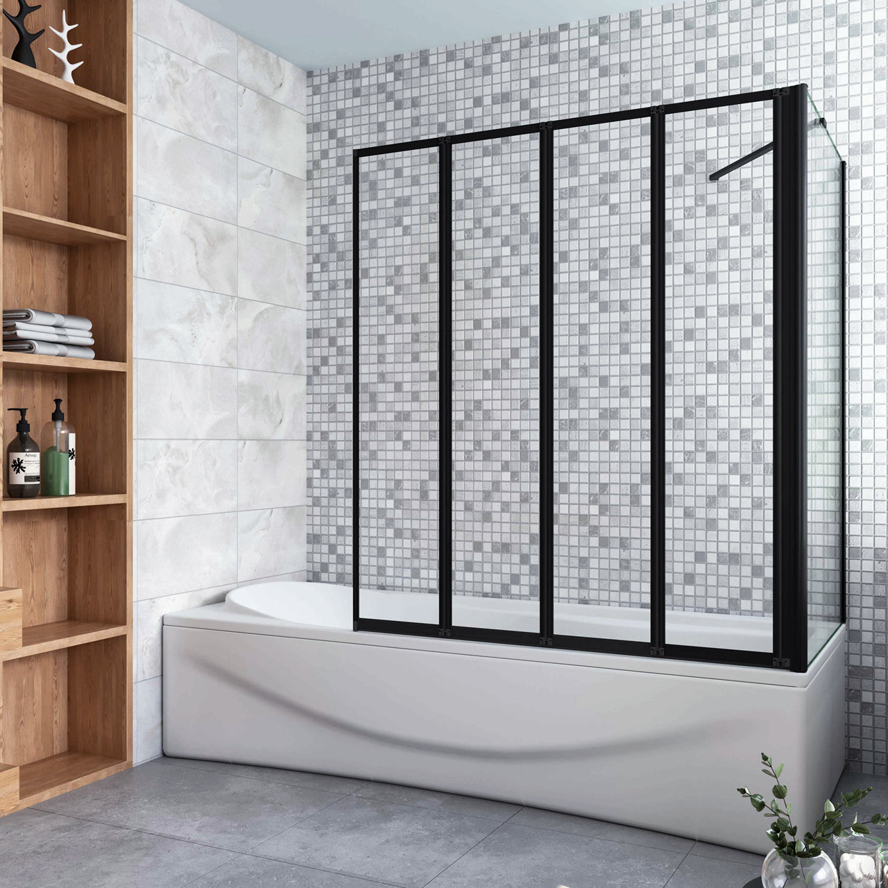 Parete Doccia Sopravasca Angolare 2/4/5 Ante Pieghevoli Vetro 4 mm con Parete Laterale 65/70/75cm Vetro Temperato 6 mm Trasparente Telai Neri Opachi