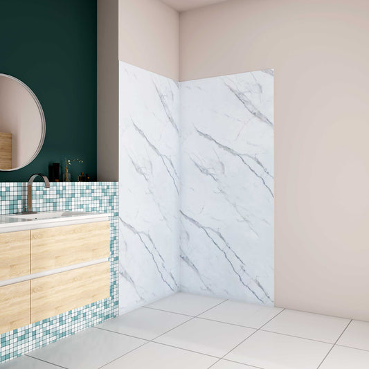 H.210 cm Pannello Doccia ad Angolo Realizzato in Alluminio da 3 mm con Profili Finitura Bianco Alba per Rivestimento Parete Bagno