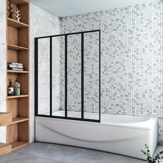 Sopravasca 100x140 cm Parete Doccia per Vasca 4 Antine Pieghevoli a Libro Vetro Temperato Trasparente Da 4 mm Profilo Nero Opaco