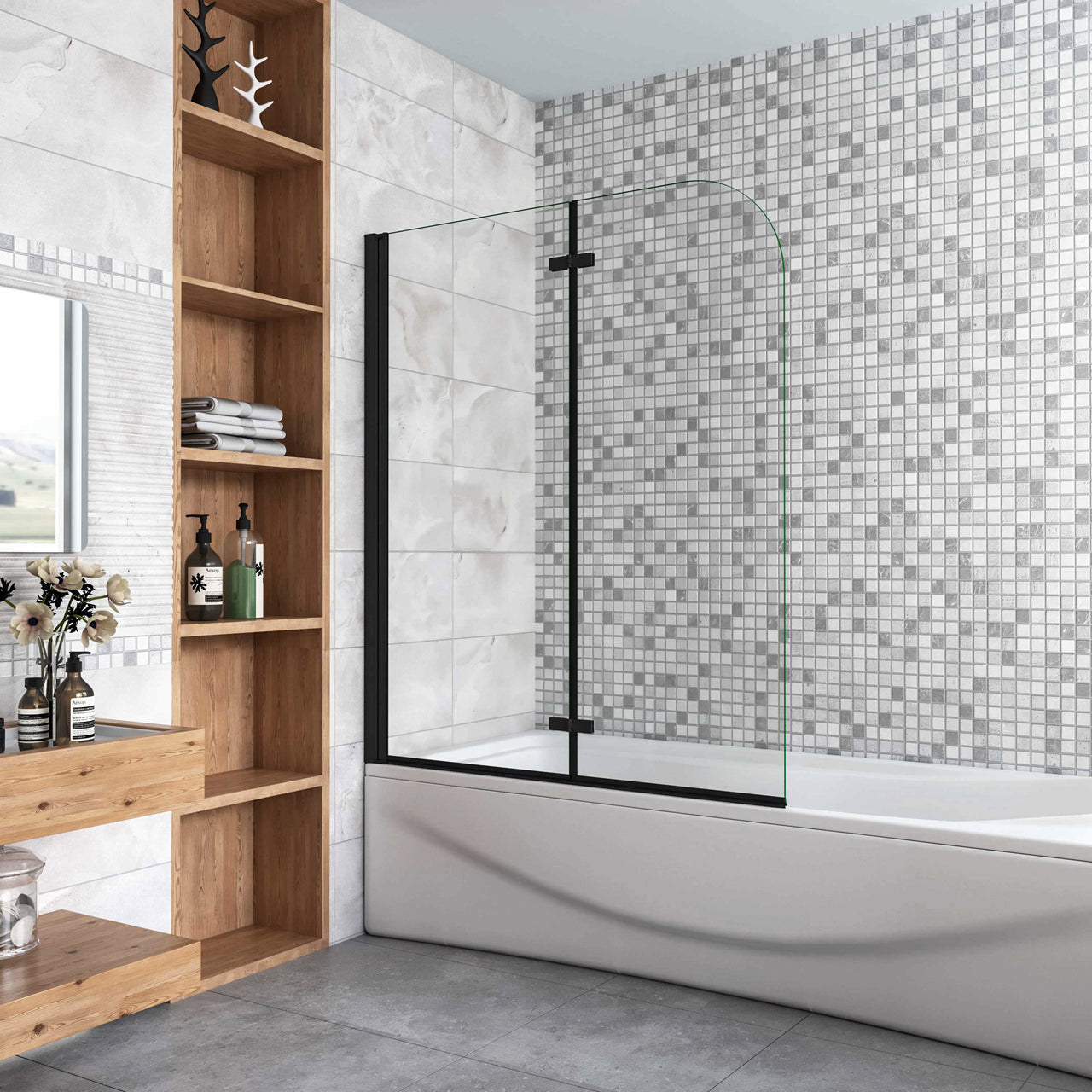 Sopravasca da Bagno Parete Vasca Doccia 90/100/110/120/130x140 cm Due Ante Movibili Vetro Temperato Trasparente 6 mm Anticalcare Telaio Nero Opaco - Consegna gratuita