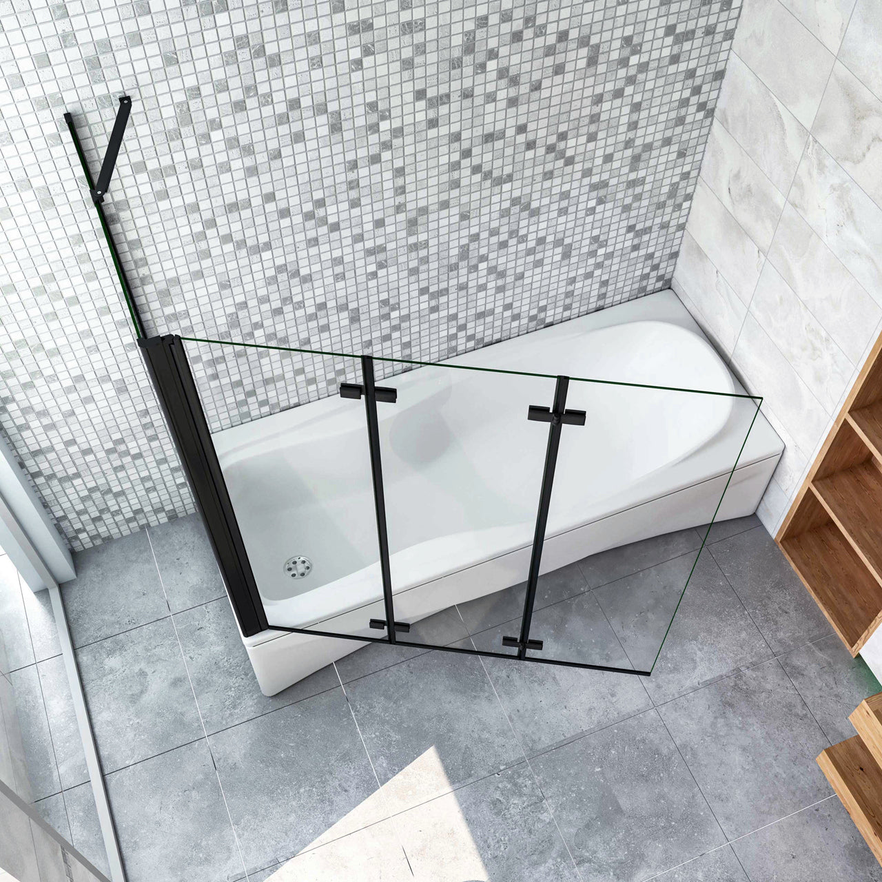 Parete Doccia Per Vasca con Lato Fisso 130x65 cm H.140 cm 3 Ante Movibili Pieghevoli a Libro in Vetro Temperato 6 mm Trasparente Anticalcare Telaio Nero Opaco