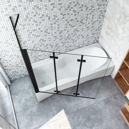 Parete Doccia Per Vasca con Lato Fisso 130x65/70/75 cm H.140 cm 3 Ante Movibili Pieghevoli a Libro in Vetro Temperato 6 mm Trasparente Anticalcare Telaio Nero Opaco