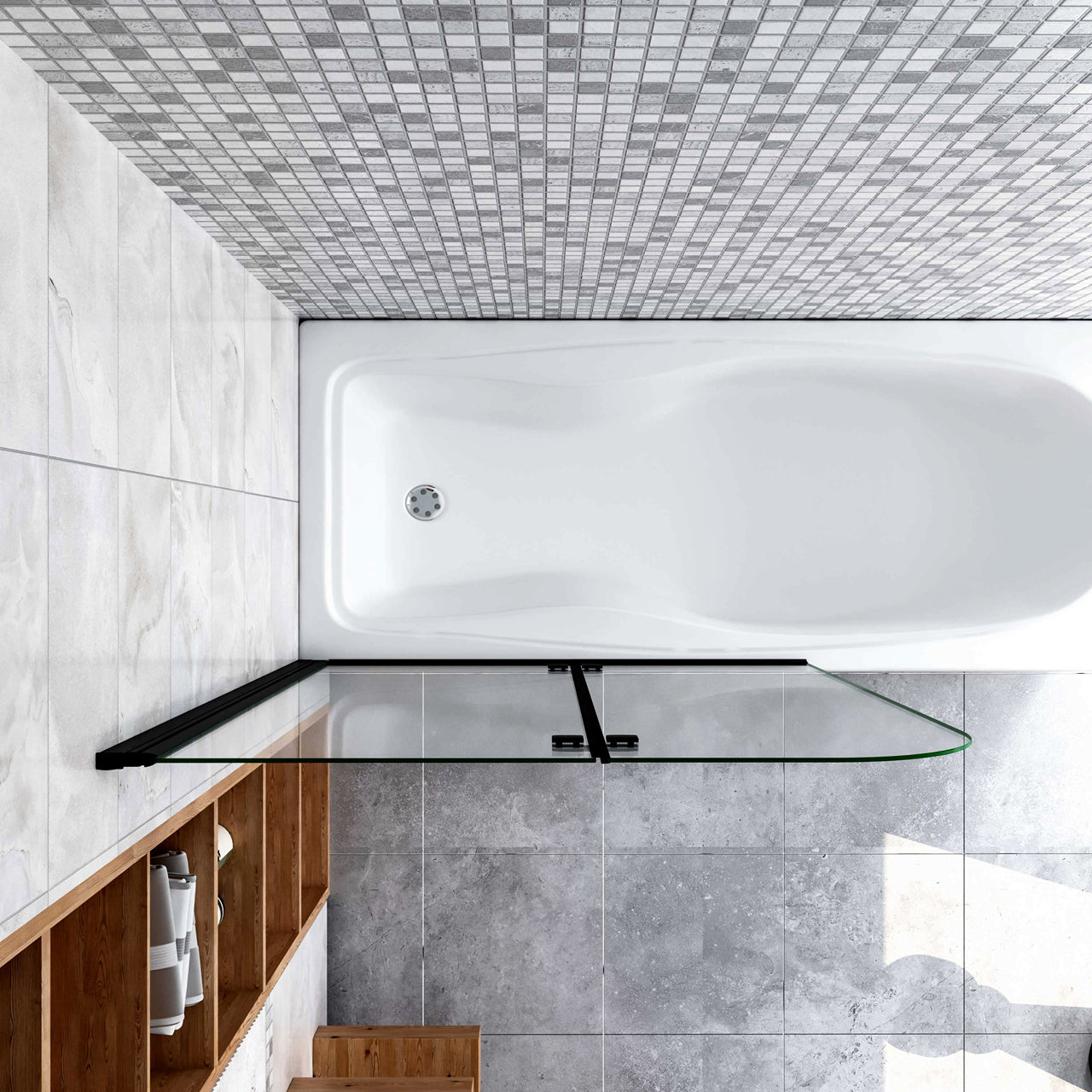 Sopravasca da Bagno Parete Vasca Doccia 90/100/110/120x140 cm Due Ante Movibili Vetro Temperato Trasparente 6 mm Anticalcare Telaio Nero Opaco